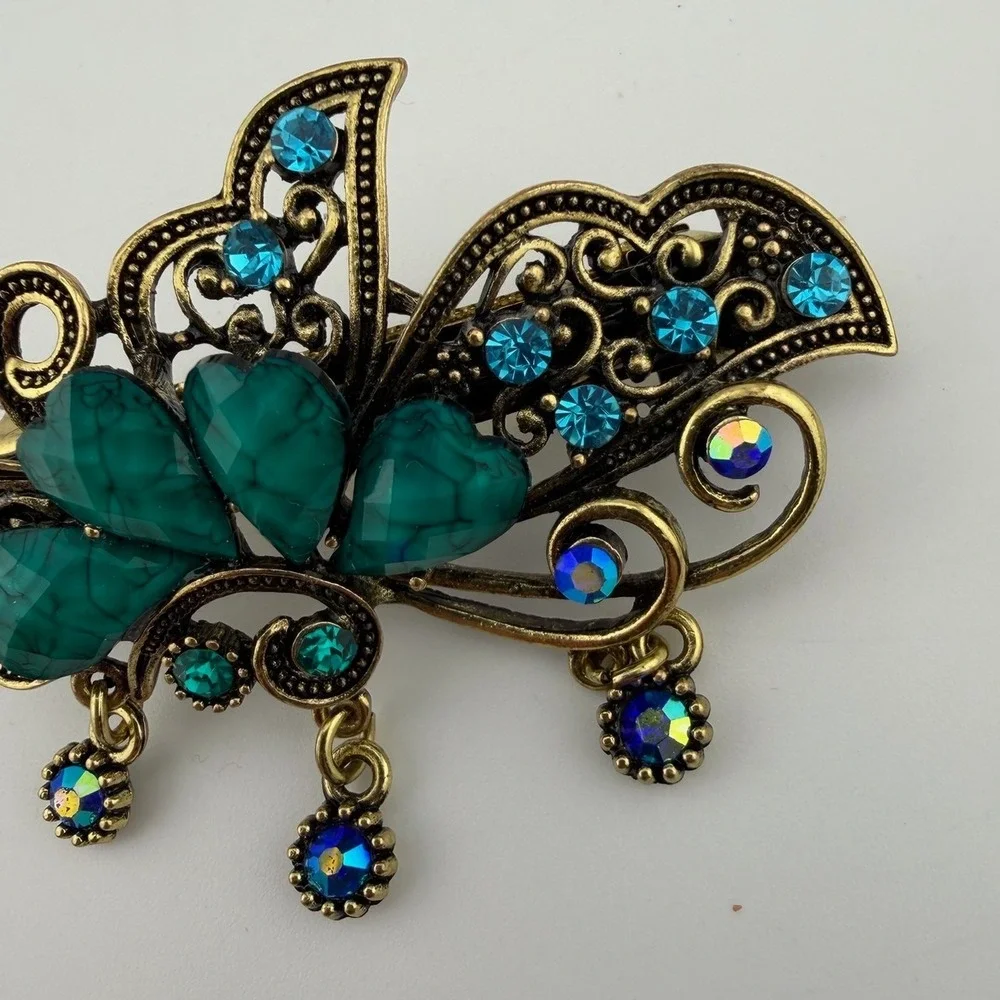 Vintage Style‎ Antique Gold Teal Heart Rhinestone French Barrette Clip